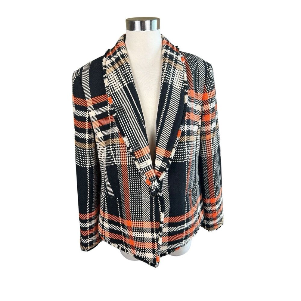 Ann Taylor Plaid Tweed On Button Blazer ORNG/BLK Sz 16 Fring Collar